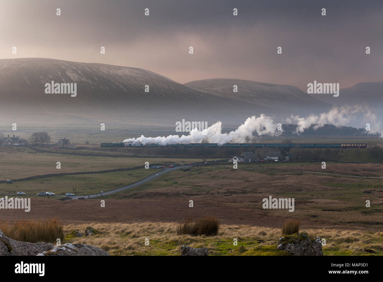 Steam locomotive 60163 TORNADO at Ribblehead with the first scheduled steam hauled passenger train (0825 Appleby - Skipton) since 1968 Stock Photo