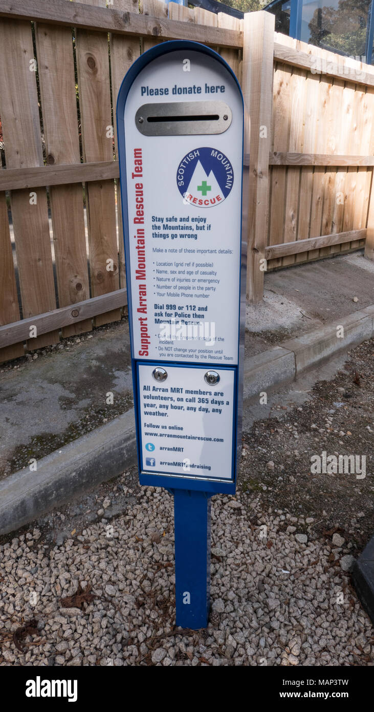 Donation box in a car park on behalf of Scottish Mountain Rescue. Isle of Arran, Scotland. UK Stock Photo