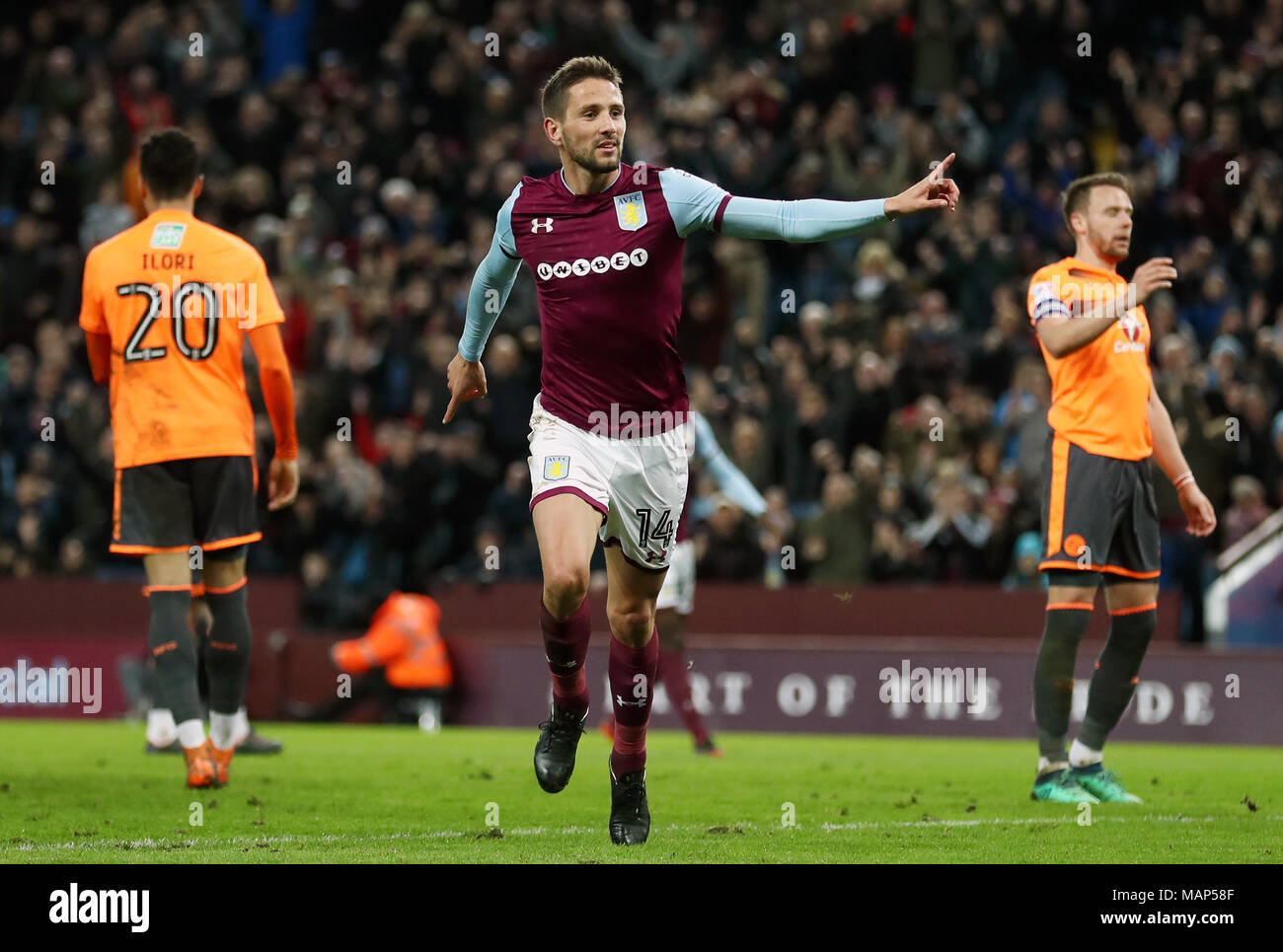 Aston Villa's Conor Hourihane celebrates scoring his side's second goal of the game during the Sky Bet Championship match at Villa Park, Birmingham. Stock Photo
