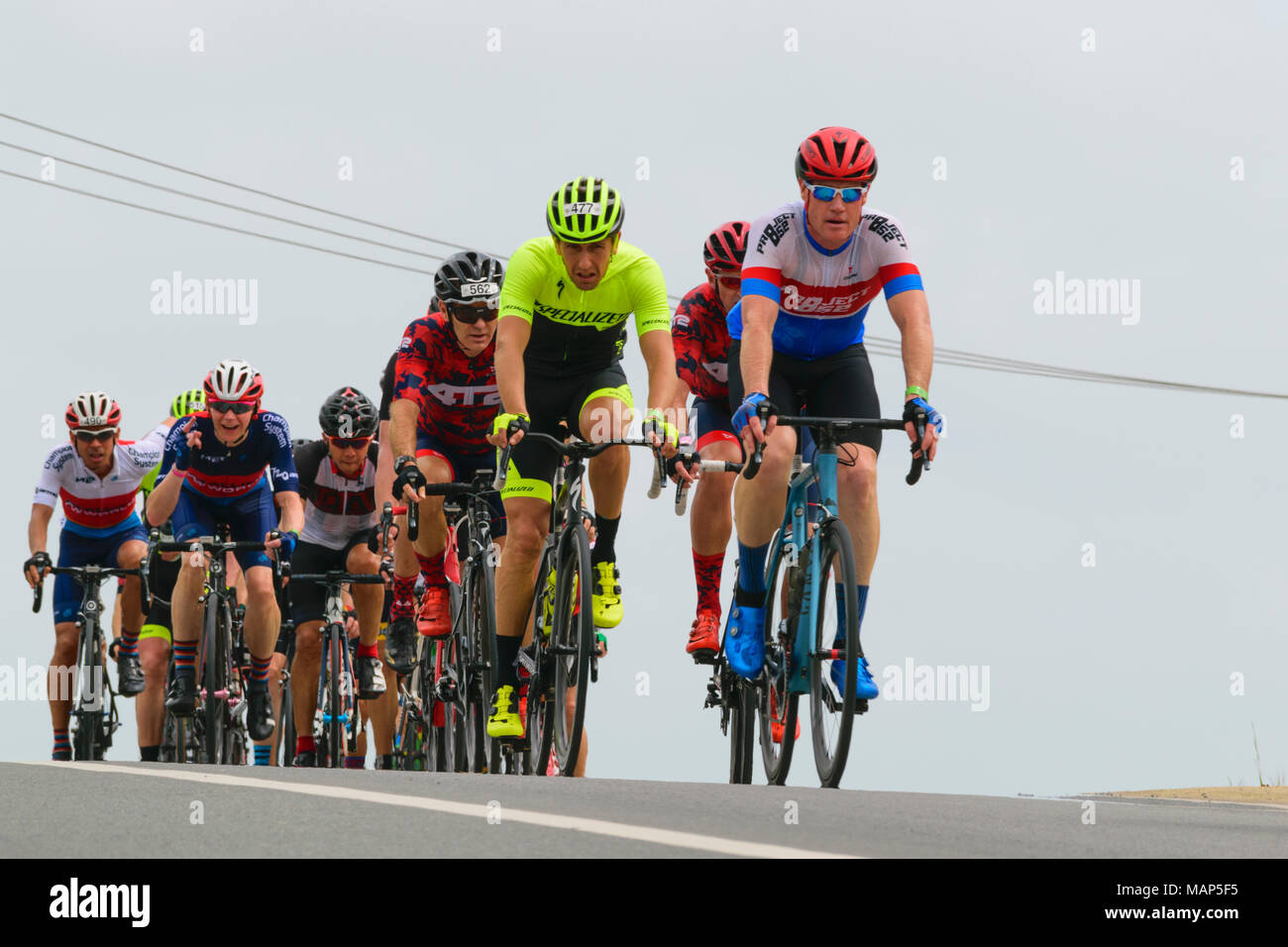 march 4, 2017 - cyclists participants Tour de bintan 2017 are crossing the Galang Batang route area, bintan island - Indonesia Stock Photo