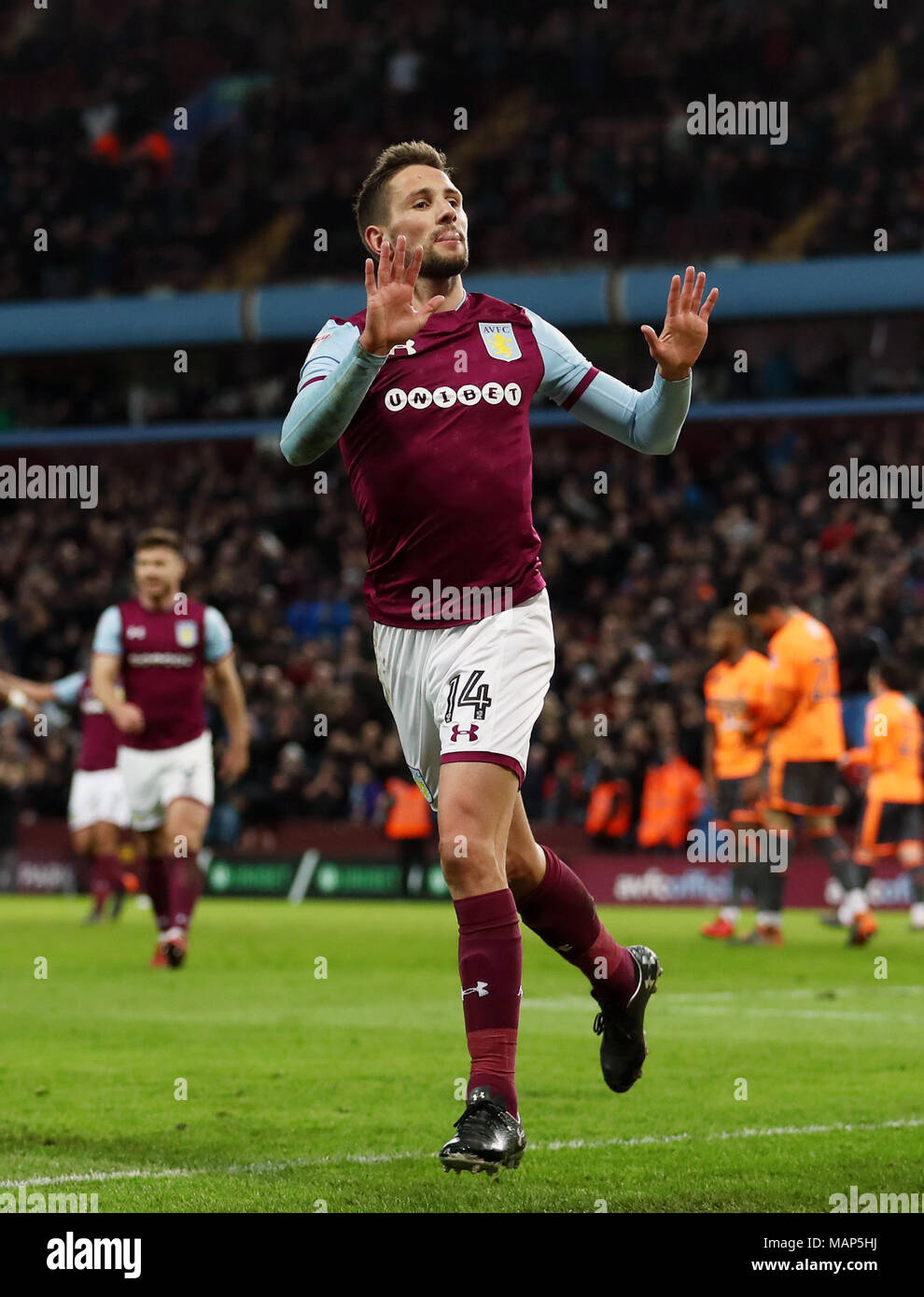 Aston Villa's Conor Hourihane celebrates scoring his side's second goal of the game during the Sky Bet Championship match at Villa Park, Birmingham. PRESS ASSOCIATION Photo. Picture date: Tuesday April 3, 2018. See PA story SOCCER Villa. Photo credit should read: Tim Goode/PA Wire. RESTRICTIONS: No use with unauthorised audio, video, data, fixture lists, club/league logos or 'live' services. Online in-match use limited to 75 images, no video emulation. No use in betting, games or single club/league/player publications. Stock Photo