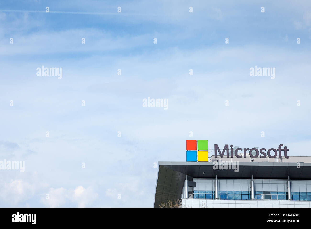 BELGRADE, SERBIA - MARCH 30, 2018: Microsoft logo on their main office for Serbia (Microsoft Development Center). Microsoft Corporation one of the mai Stock Photo