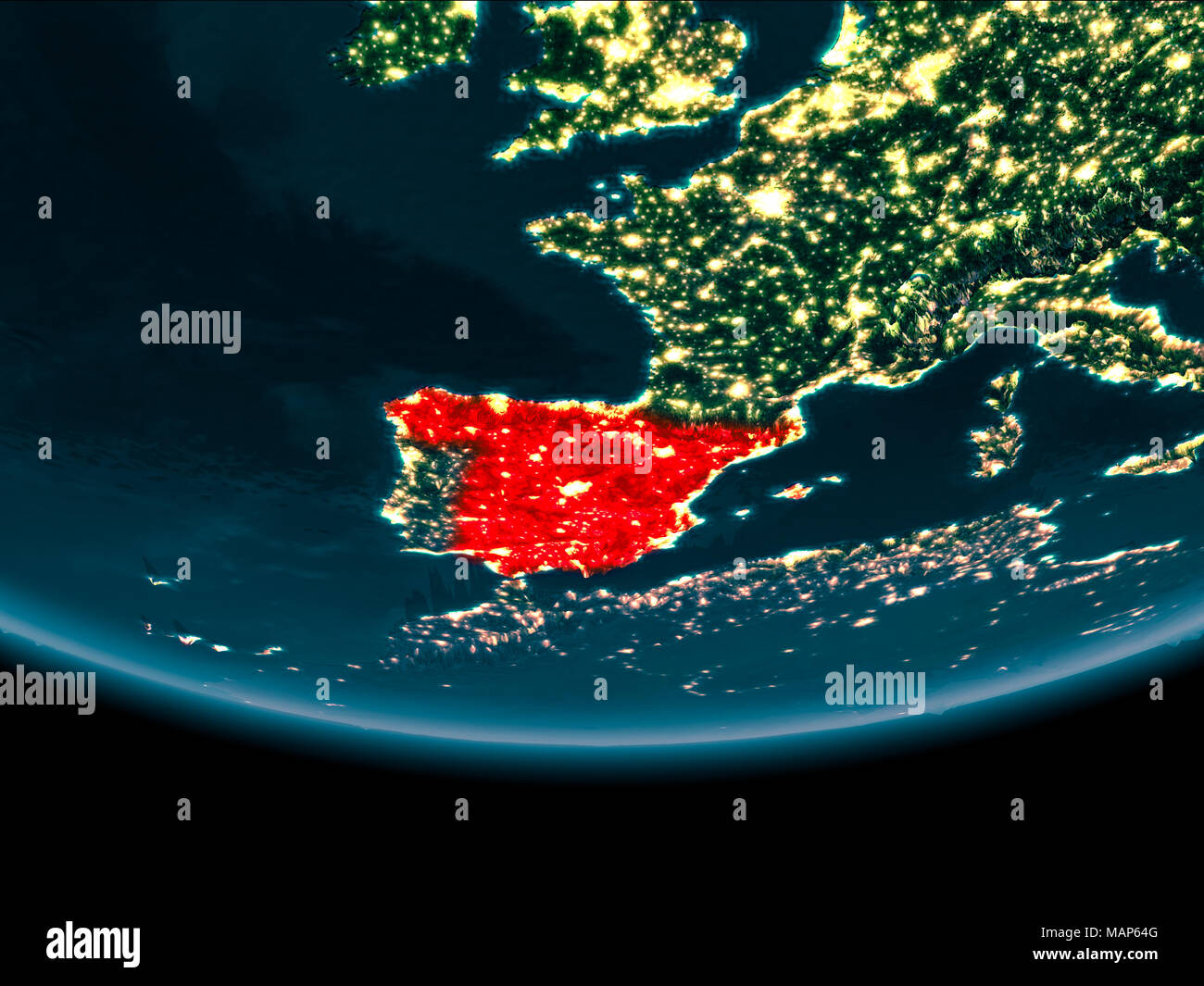 Spain at night highlighted in red on planet Earth. 3D illustration ...
