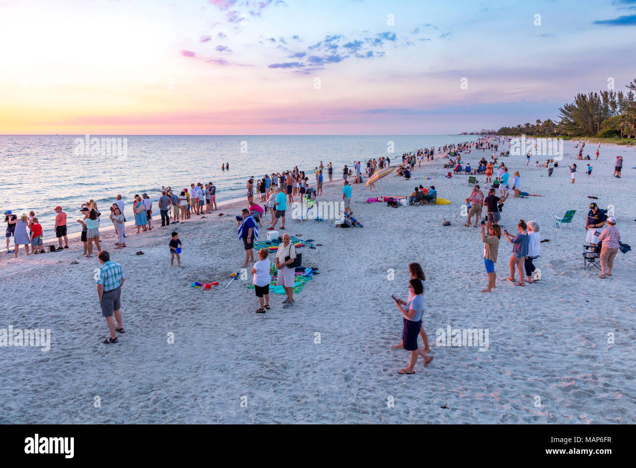 Watching the last rays of sunset, Naples Beach, Naples, Florida, USA Stock Photo