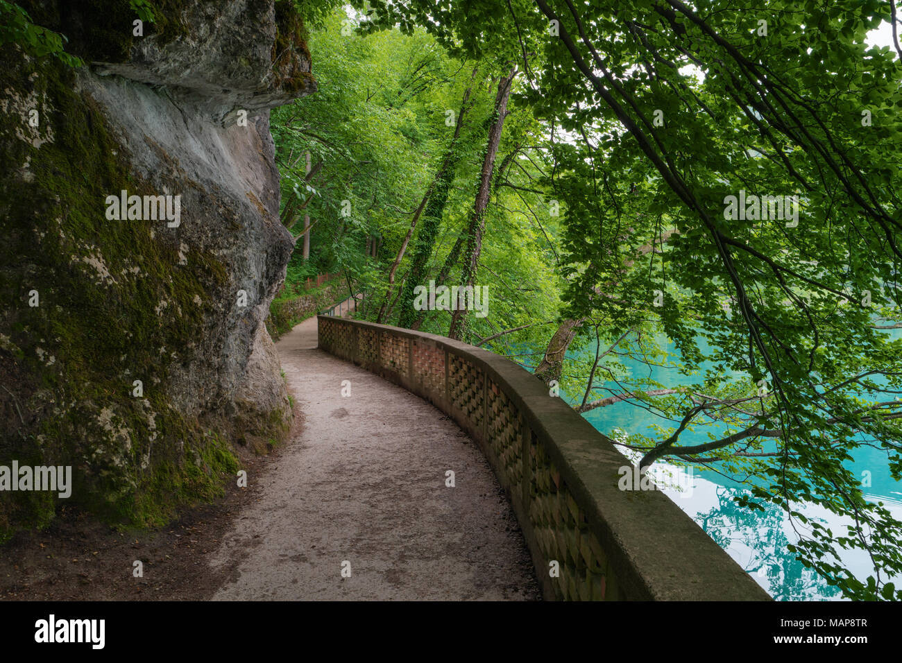 Hiking trail in forest, Lake Bled, Alps, Slovenia. Pathway lane way, green trees. Beautiful road, alley in park. Path in summer forest. Empty walkway. Stock Photo