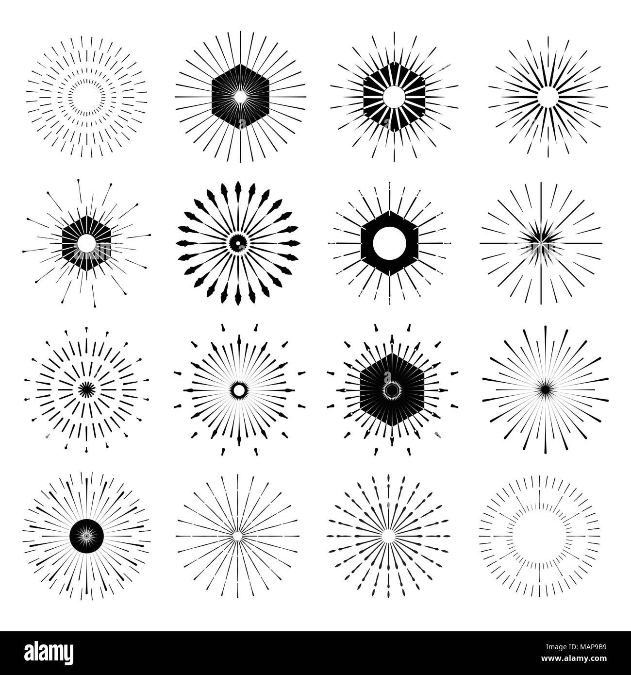 Big set of Retro Sun burst shapes. Vintage logo, labels, badges. Vector design elements isolated. Minimal black firework burst. Stock Vector