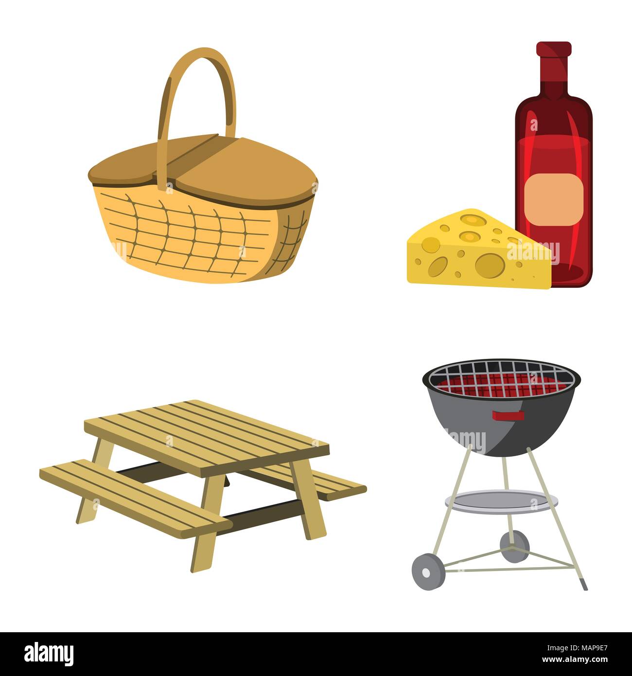 Set of Picnic icon. BBQ label on white Background.  Cartoon style. Vector Illustration. Stock Vector