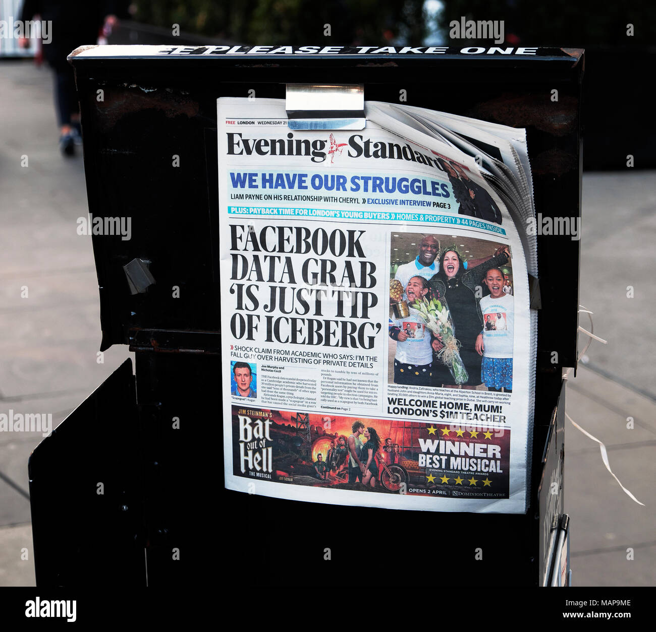 Facebook Data Grab 'Is Just Tip of Iceberg' Evening Standard newspaper headline on 21 March 2018  in London street, England UK Stock Photo