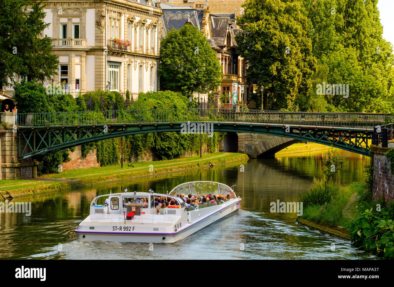 Sightseeing tour boat, tourists, Ill river, summer, Strasbourg, Alsace, France, Europe, Stock Photo