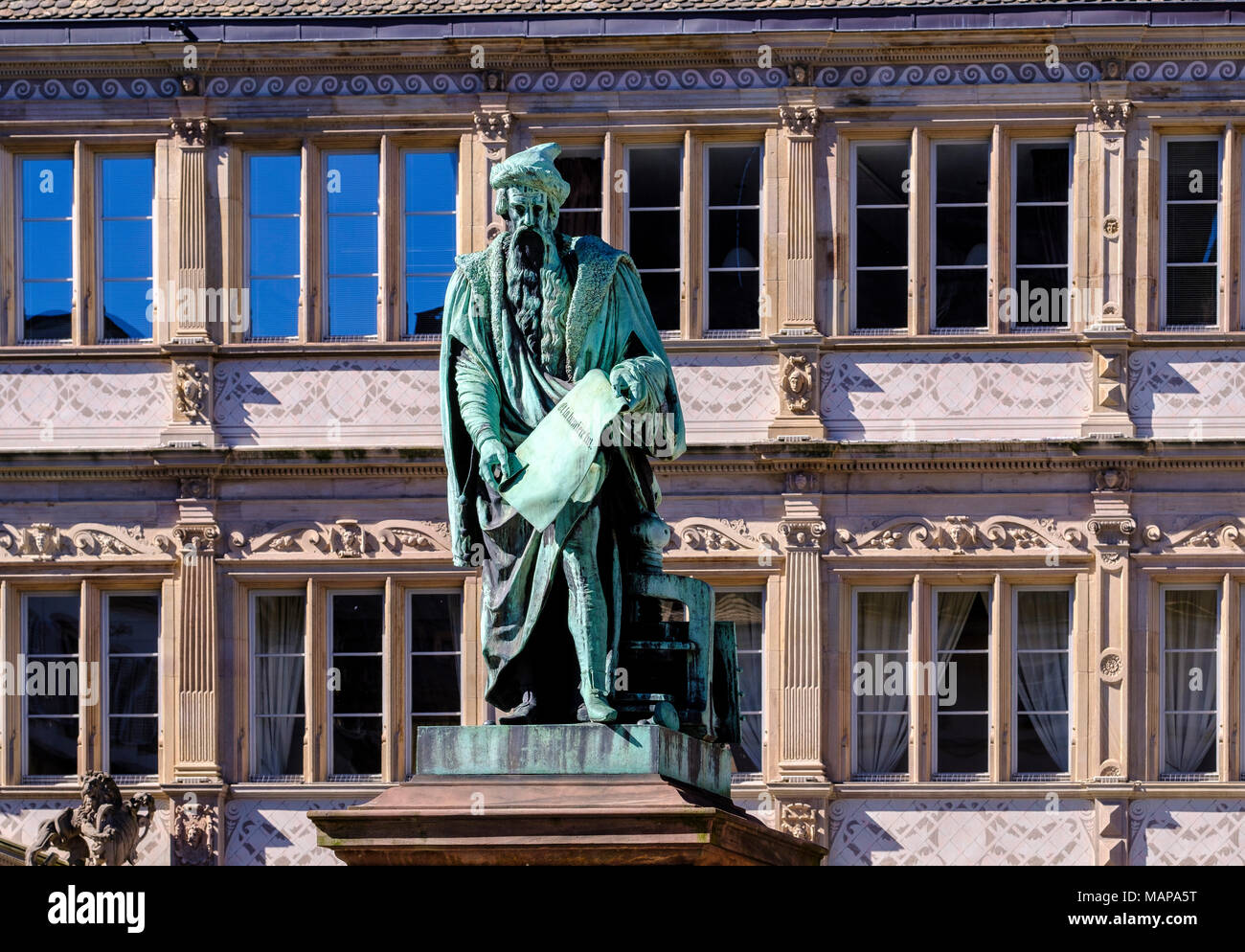 Gutenberg statue Strasbourg, sculptor David D'Angers 1840, Chamber of Commerce building, Place Gutenberg square, Strasbourg, Alsace, France, Europe, Stock Photo