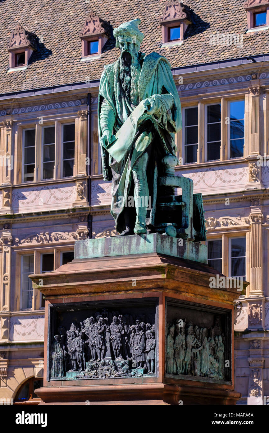 Gutenberg statue Strasbourg, sculptor David D'Angers 1840, Chamber of Commerce building, Place Gutenberg square, Strasbourg, Alsace, France, Europe, Stock Photo