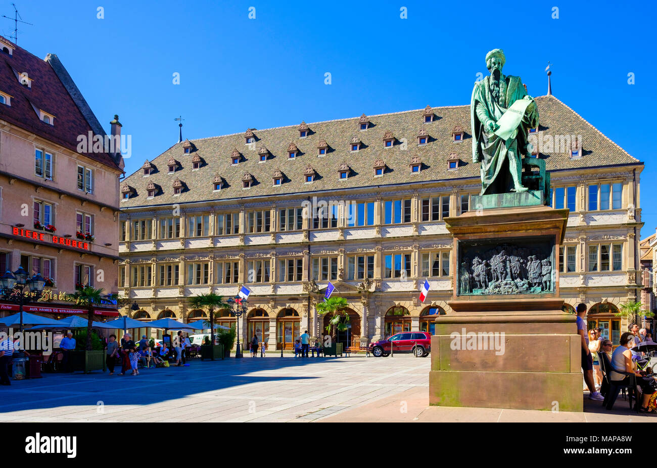 Chamber of Commerce building, Gutenberg statue, Place Gutenberg square, Strasbourg, Alsace, France, Europe, Stock Photo