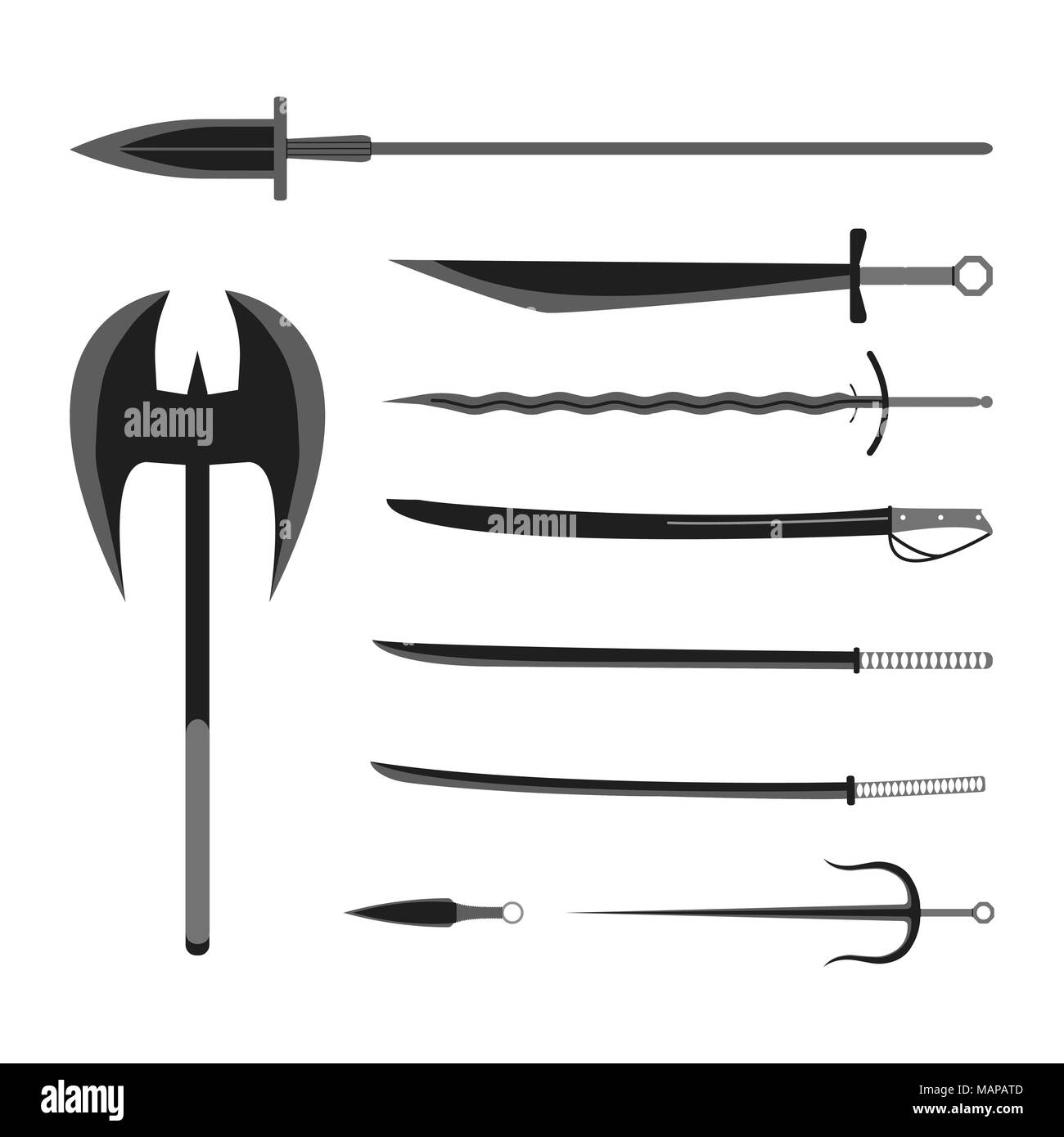 Medieval weapons set. Flat style equipment. Isolated weapons and tools. Vector illustration. Stock Vector