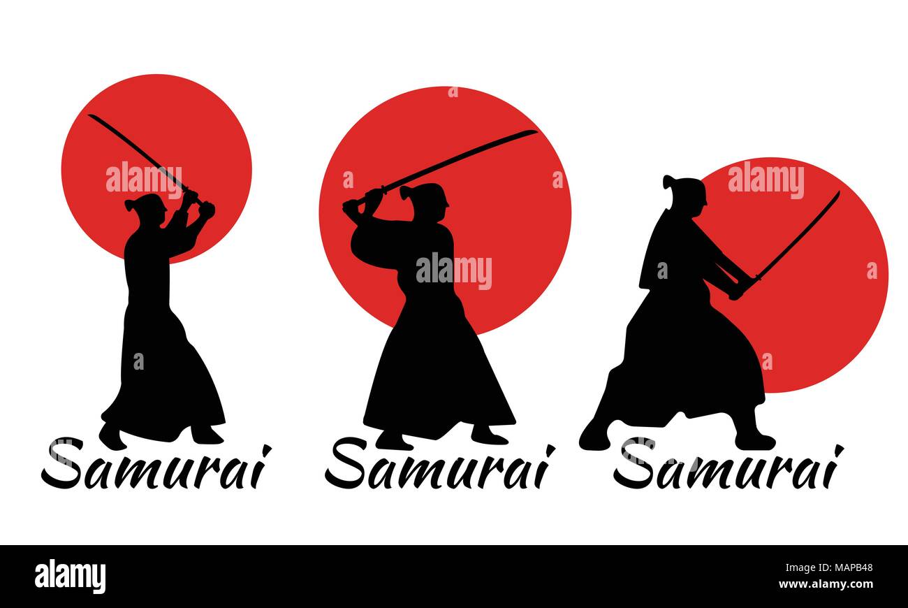 3 Japanese Samurai Warriors Silhouette with katana sword on Red Moon. Vector illustration. Stock Vector