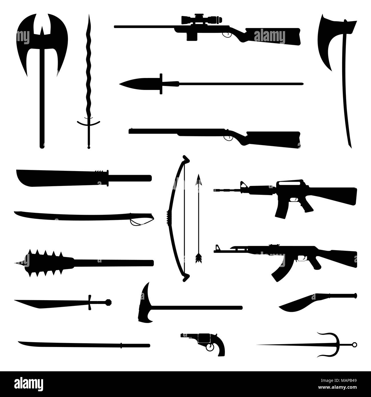 18 weapon icon. Medieval and modern. Flat vector Illustration Stock Vector