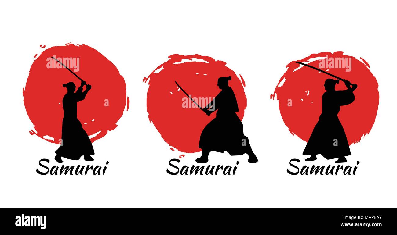 Japanese Samurai Warriors Silhouette with katana sword on Red Moon. Vector illustration. Stock Vector