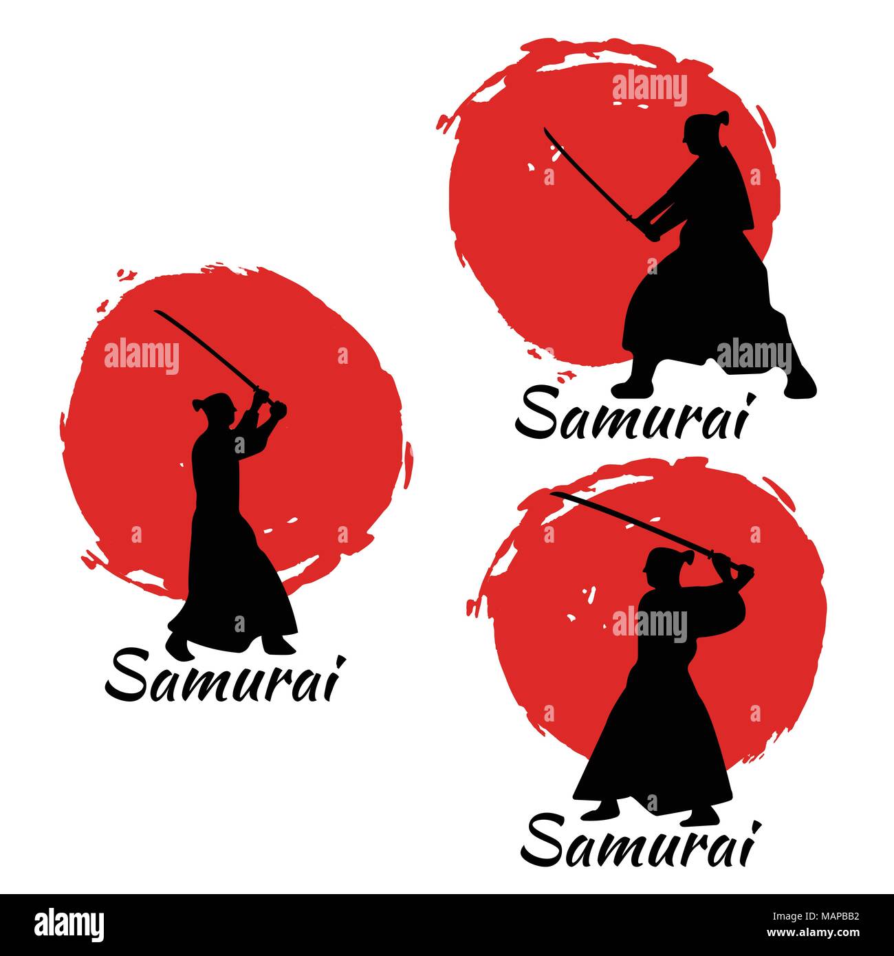 Japanese Samurai Warriors Silhouette with katana sword on Red Moon. Vector illustration. Stock Vector