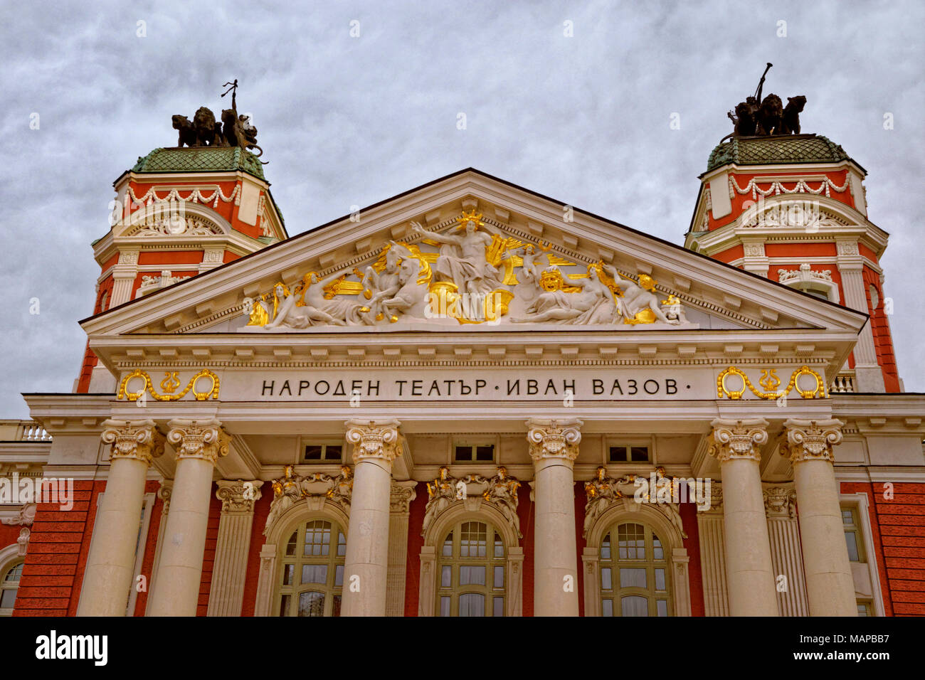 Portico of Bulgaria's National Theatre, dedicated to actor Ivan Vazov, at City Gardens, Sofia city centre, Bulgaria. Stock Photo