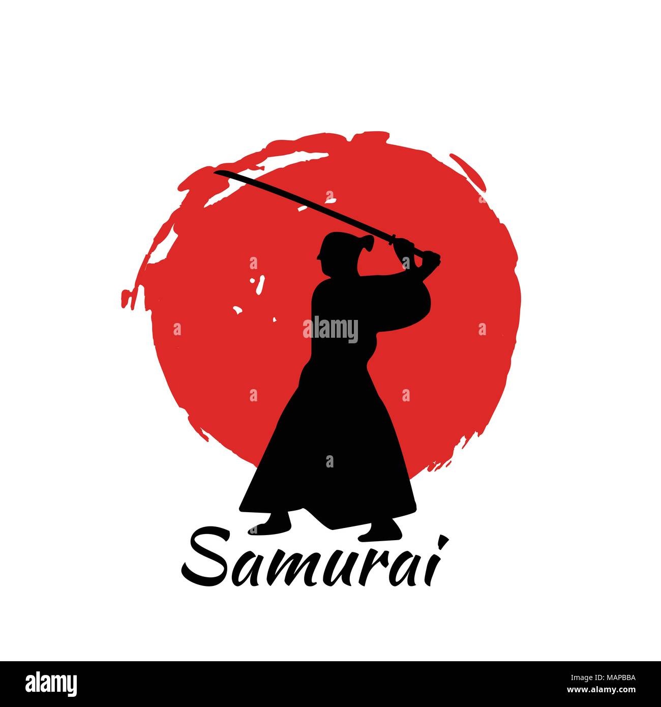 Japanese Samurai Warriors Silhouette with katana sword on Red Moon. Vector illustration. Stock Vector