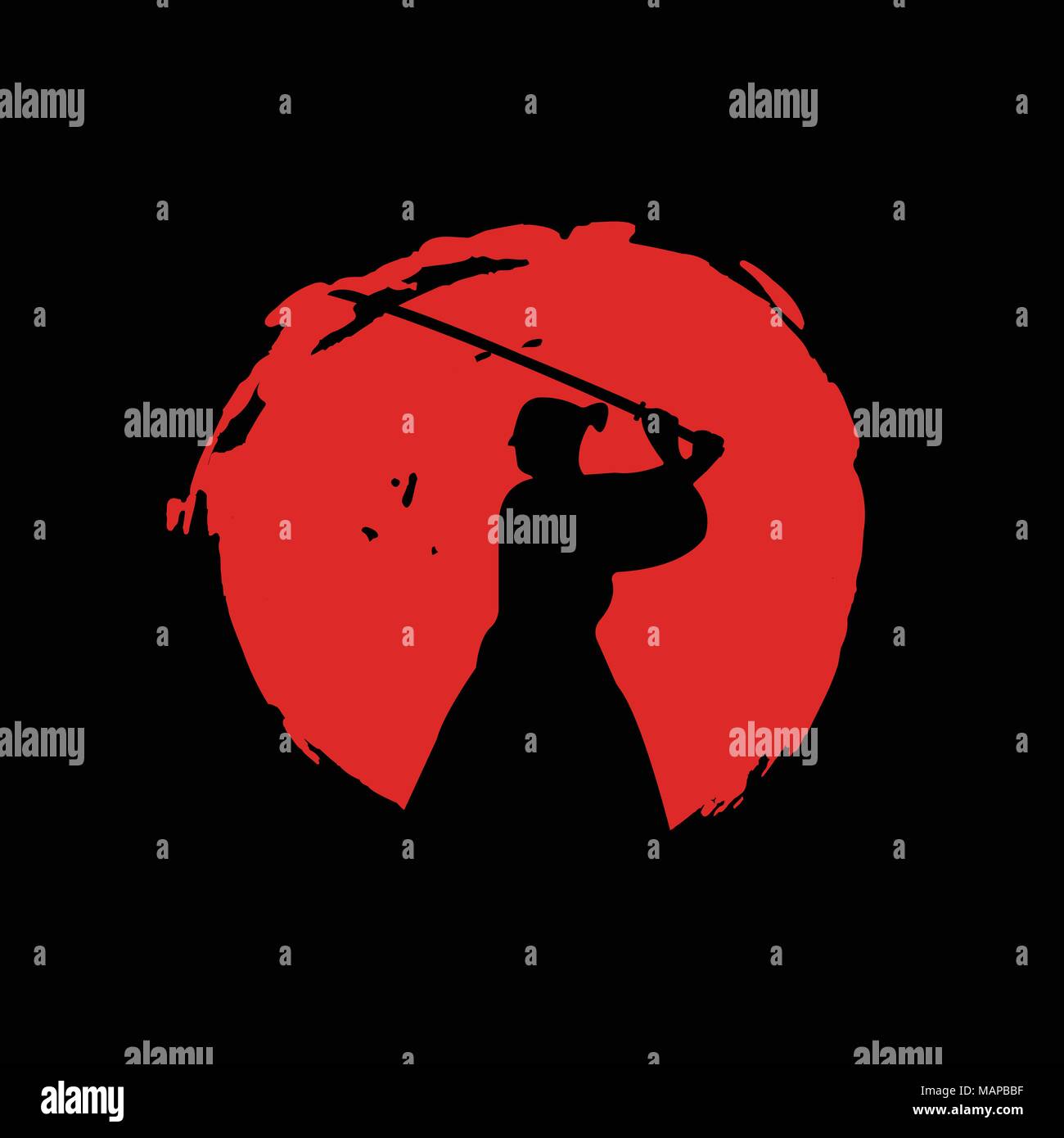 Japanese Samurai Warriors Silhouette with katana sword on Red Moon. Vector illustration. Stock Vector