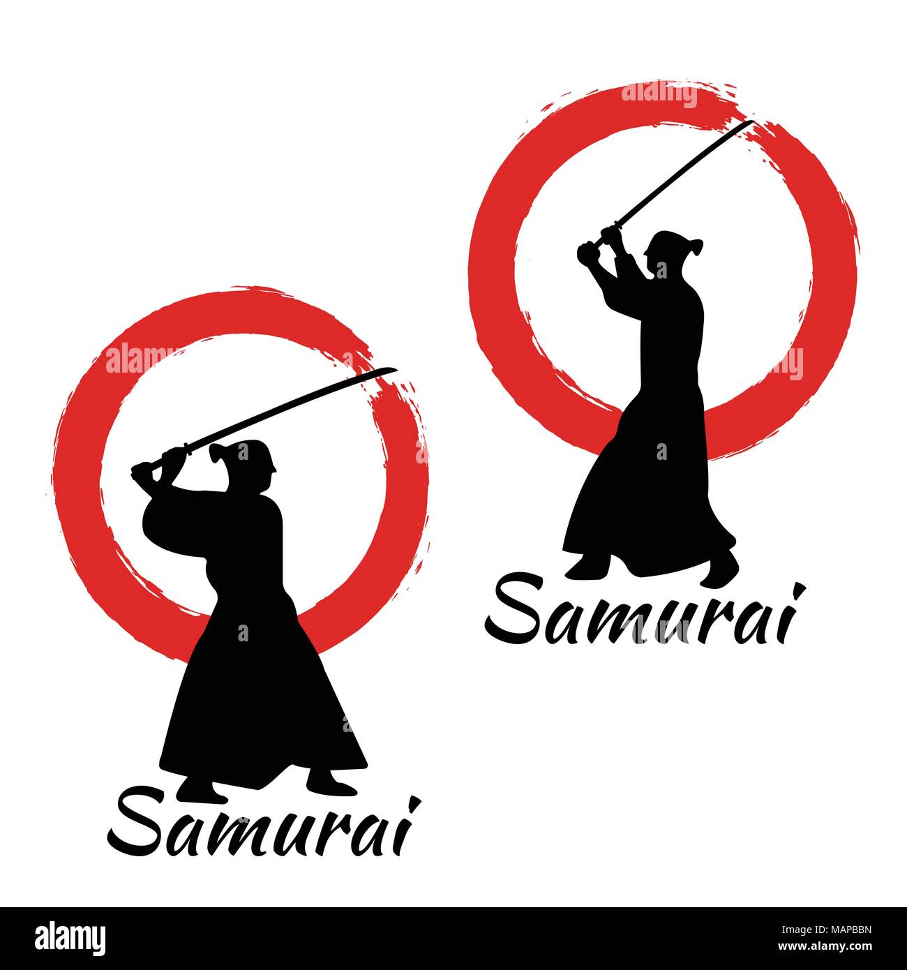 Japanese Samurai Warriors Silhouette with katana sword on Red Moon. Vector illustration. Stock Vector