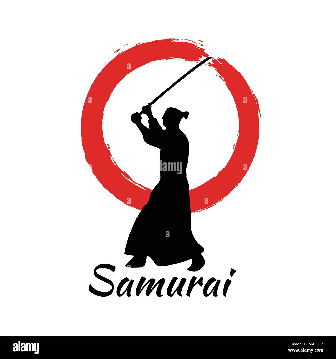 Japanese Samurai Warriors Silhouette with katana sword on Red Moon. Vector illustration. Stock Vector