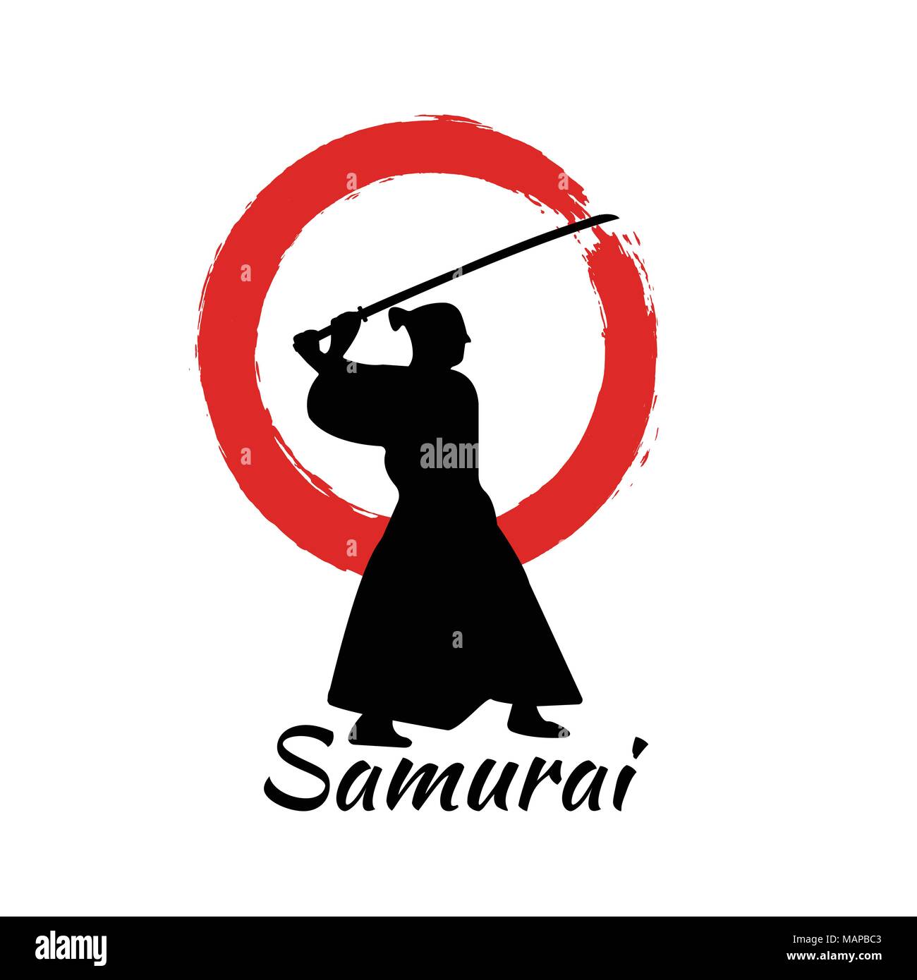 Japanese Samurai Warriors Silhouette with katana sword on Red Moon. Vector illustration. Stock Vector