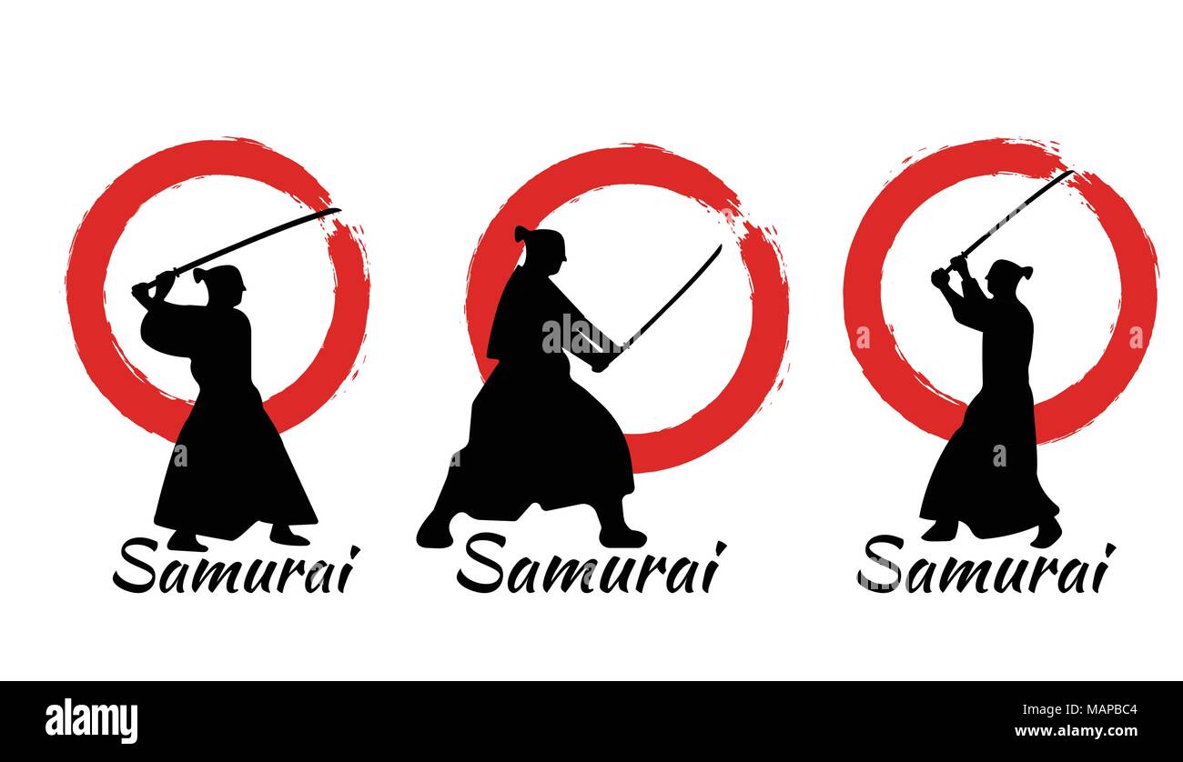 Japanese Samurai Warriors Silhouette with katana sword on Red Moon. Vector illustration. Stock Vector