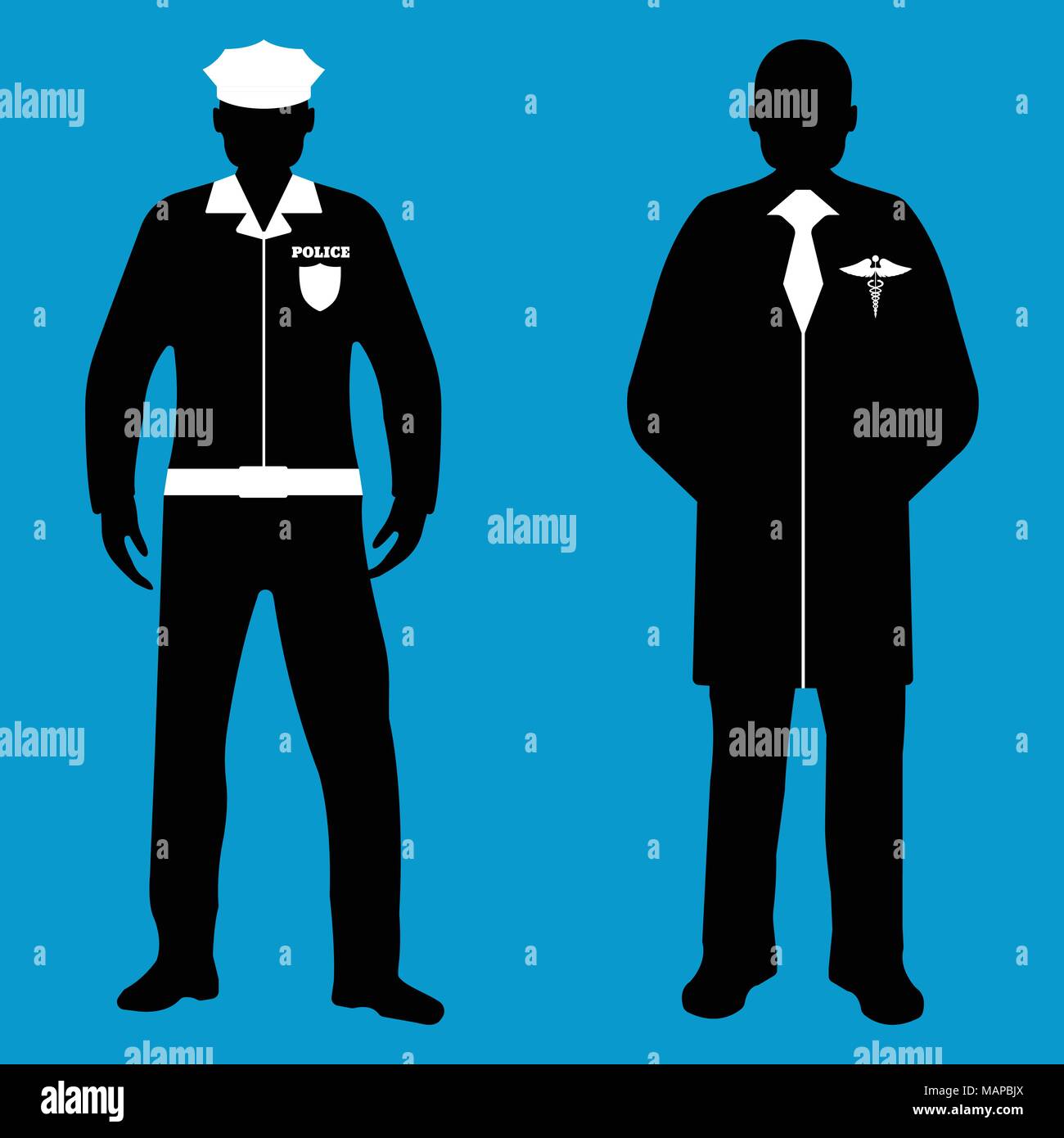 Policeman and Doctor flat icon. Service 911. Silhouette Vector illustration. Stock Vector