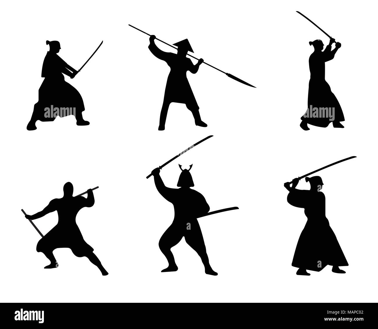 The Set of Samurai Warriors Silhouette on white background. Isolated Vector illustration. Stock Vector