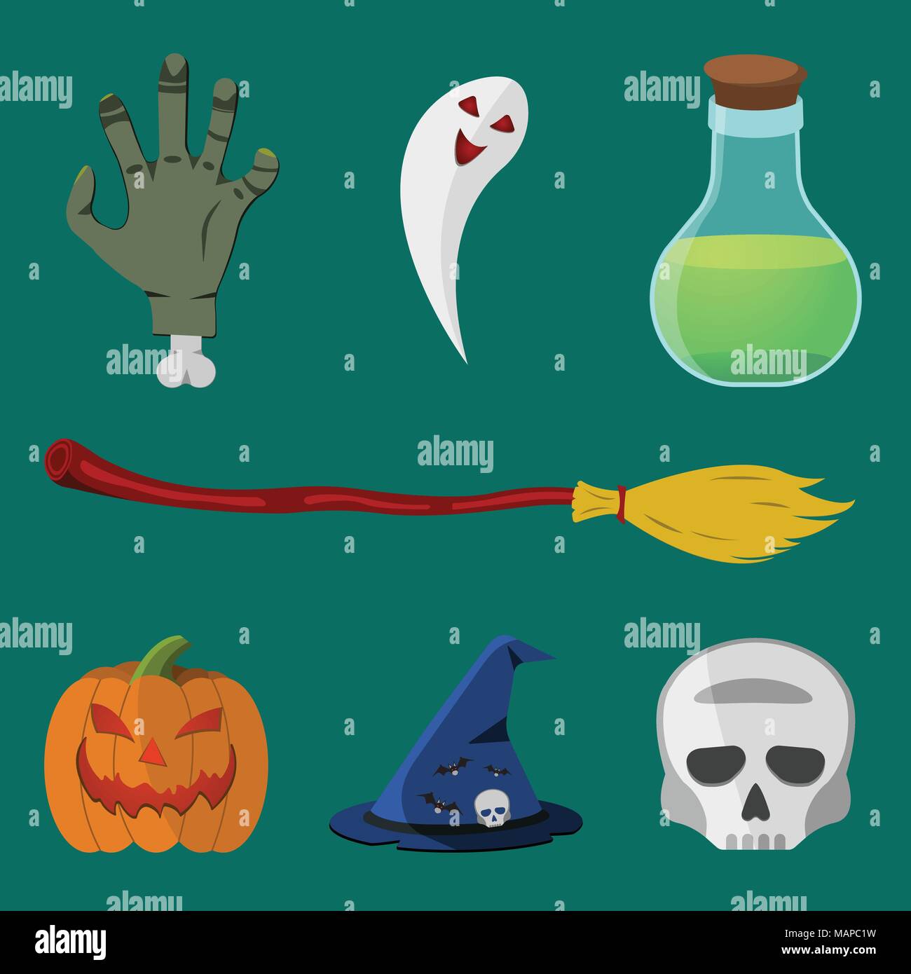 Cartoon Halloween icon set. Pumpkin, Deadman's Hand, Skull, Flask, Witch's Hat, Broom, Ghost. Vector illustration. Stock Vector