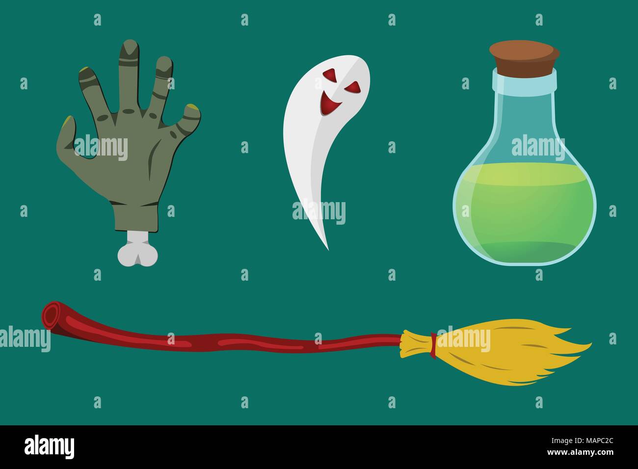 Cartoon Halloween icon set. Pumpkin, Deadman's Hand, Flask, Broom, Ghost. Vector illustration. Stock Vector