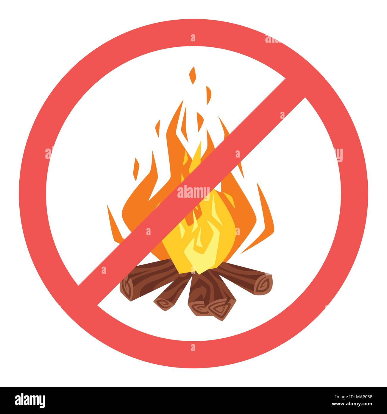 Vector cartoon style illustration of forbidden to build a fire sign. Icon for web. Isolated on white background. Crossed red line in circle. Stock Vector