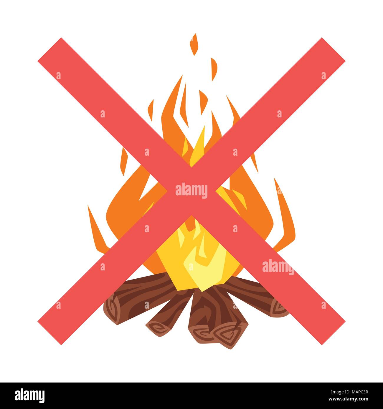 Vector cartoon style illustration of forbidden to build a fire sign. Icon for web. Isolated on white background. Two crossed red lines. Stock Vector
