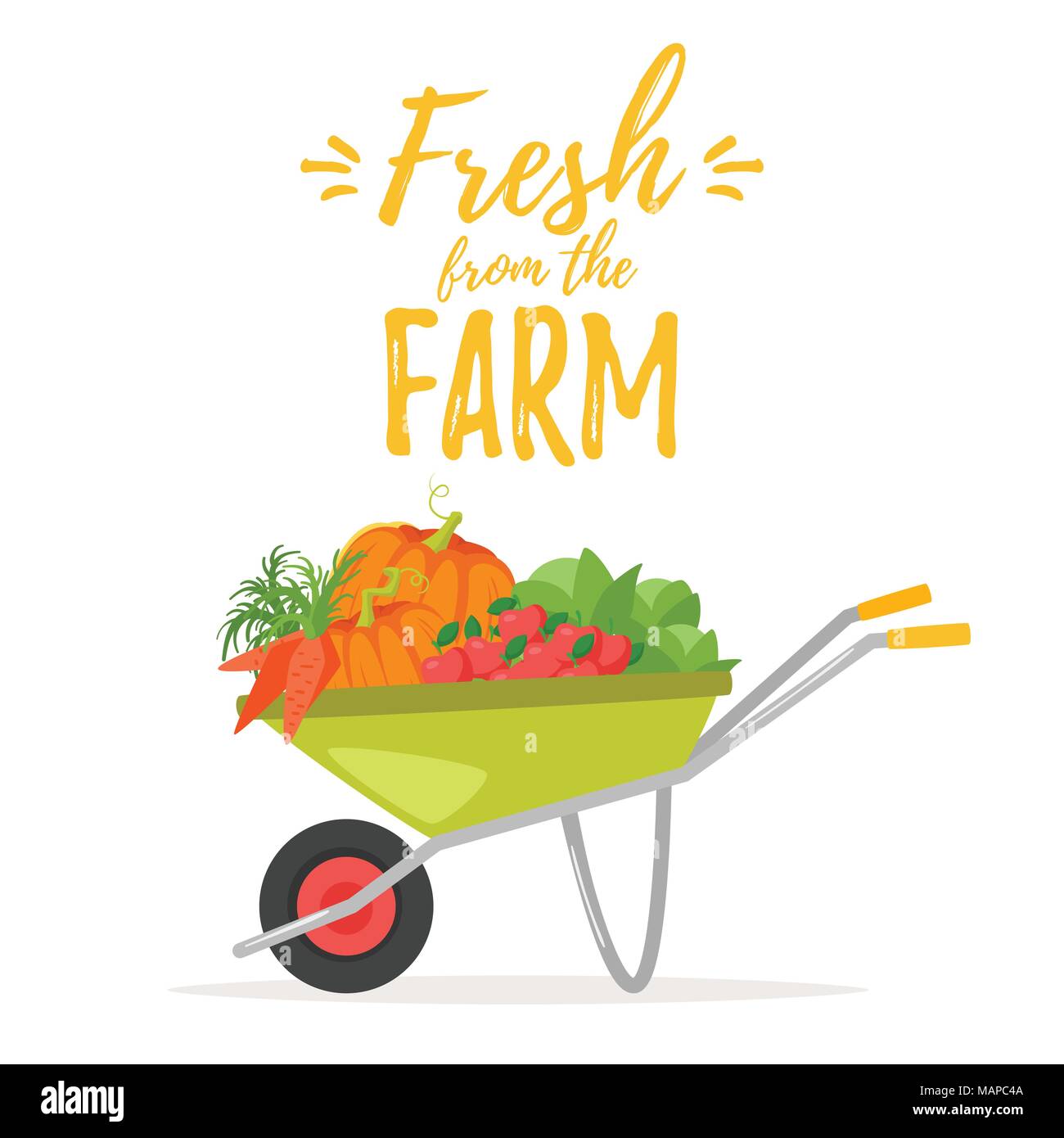 Vector cartoon style illustration of hand cart trolley full of natural organic vegetables. Fresh from the farm text. Stock Vector