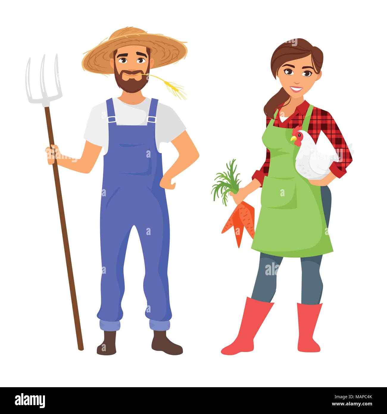 Vector cartoon style illustration of farmers: man and woman character. Isolated on white background. Vibrant color. Stock Vector