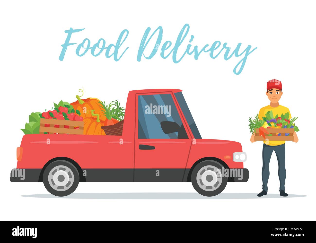Vector cartoon style farmers fruit and vegetables red delivery car with the smiling deliverer holding fresh veggies. Isolated on white background. Stock Vector