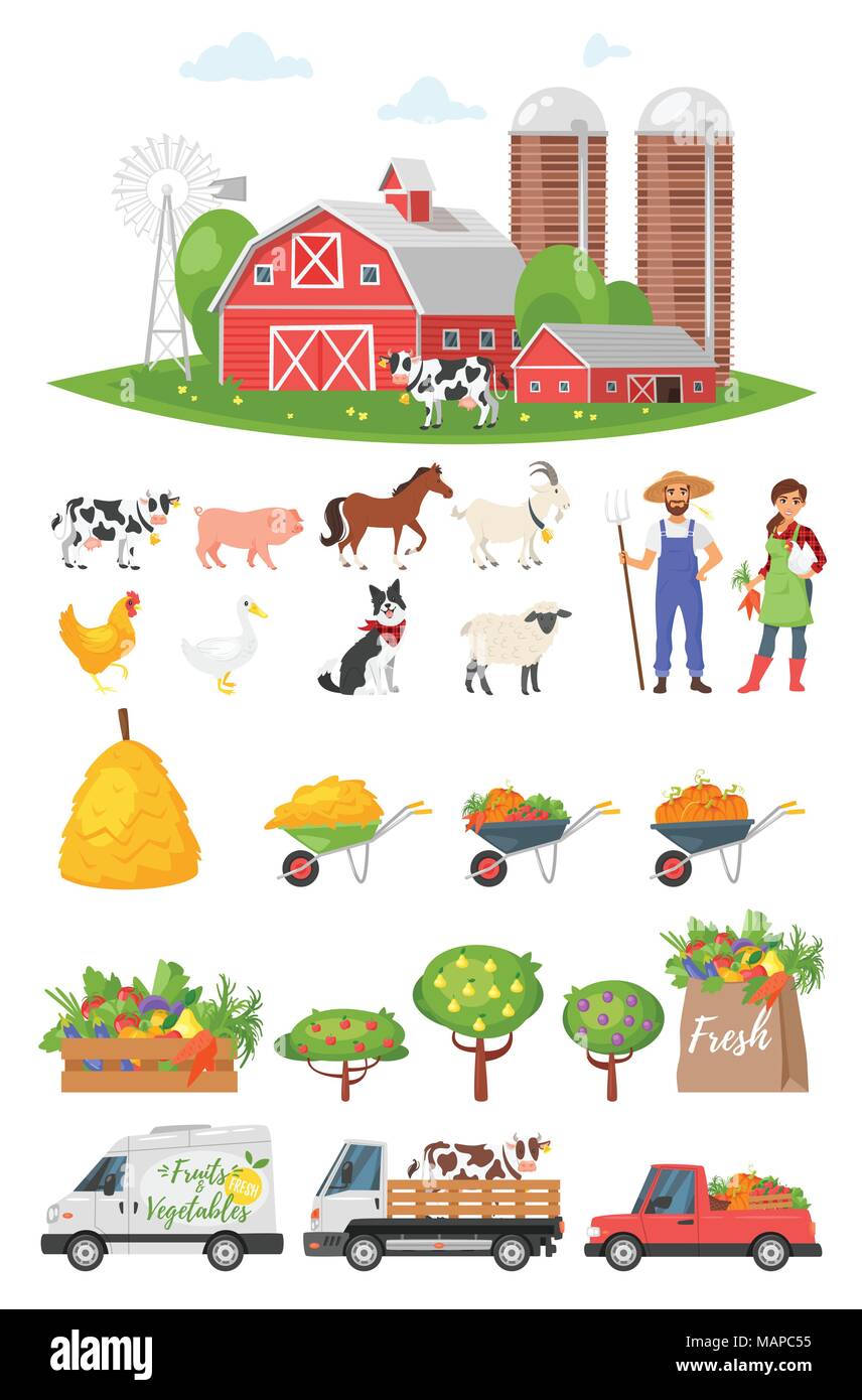 Vector cartoon style farmers set: farm, people, animals, fruit trees, cars. Isolated on white background. Stock Vector