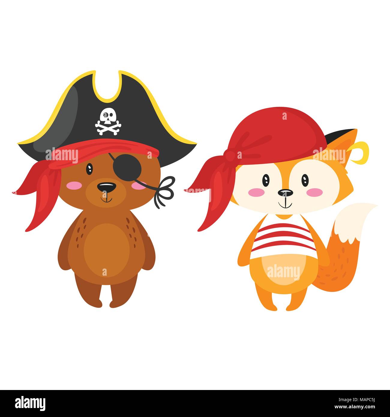 Vector cartoon style bear and fox characters in pirate costumes. Kids carnival or party. Stock Vector