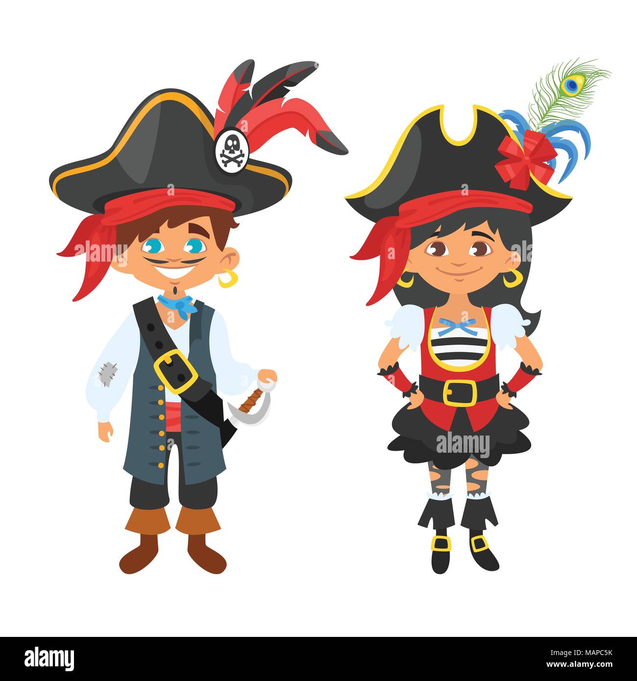 Vector cartoon style boy and girl characters in pirate costumes. Kids carnival or party. Stock Vector