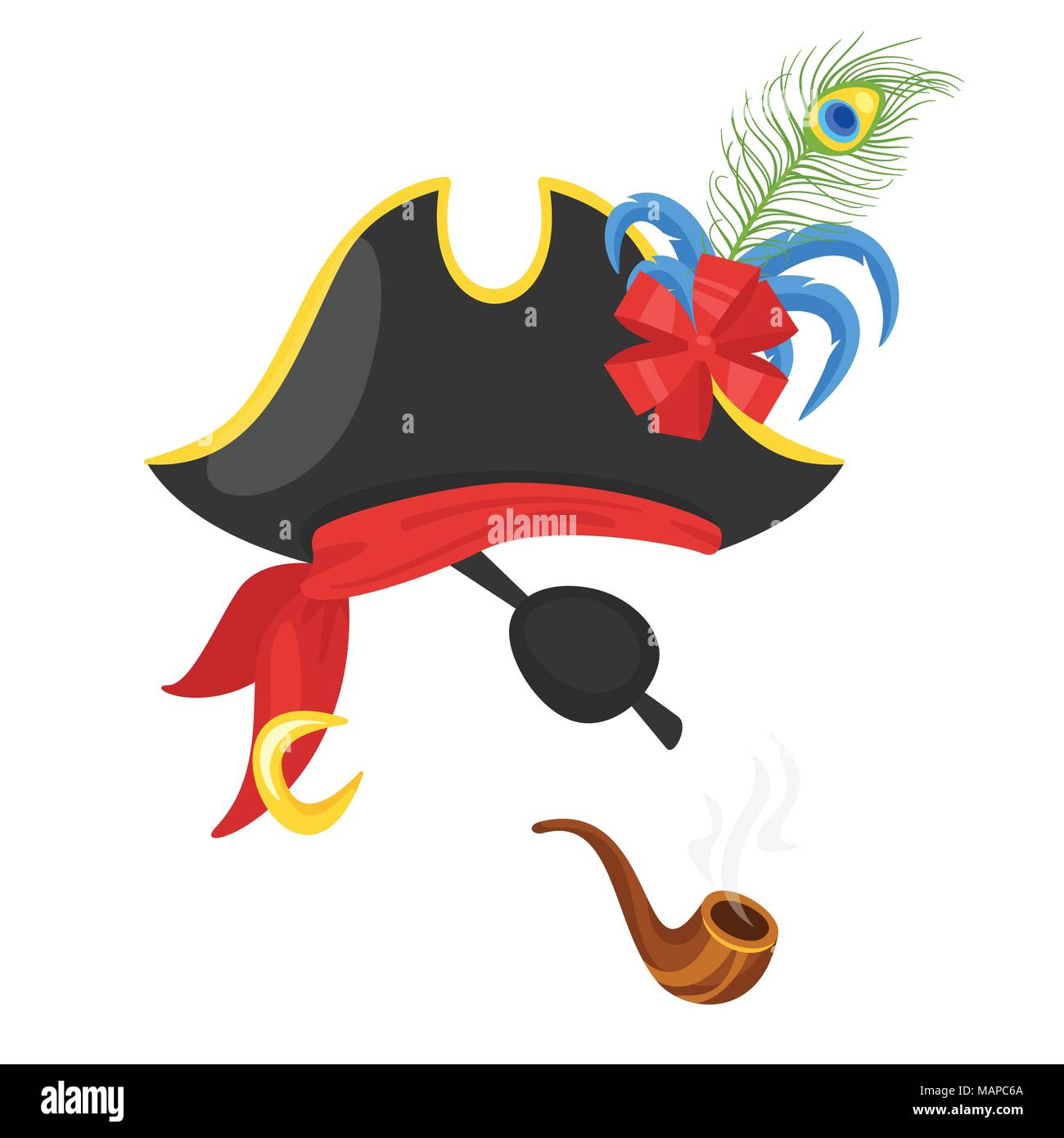 Vector cartoon style funny pirate face element or carnival mask. Decoration item for your selfie photo and video chat filter. Hat, smoking pipe and go Stock Vector