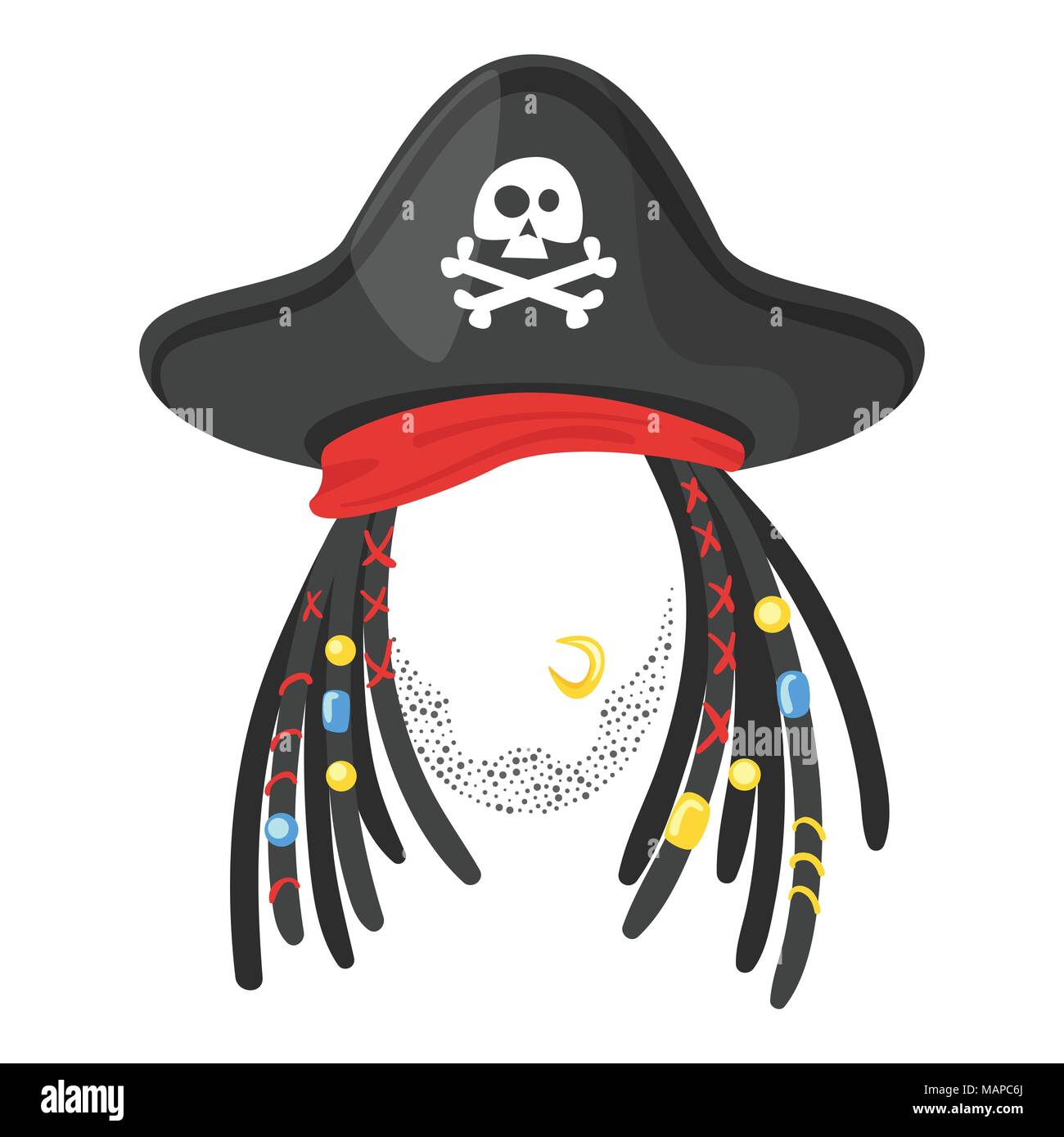Vector cartoon style funny pirate face element or carnival mask. Decoration item for your selfie photo and video chat filter. Hair-dreadlocks and hat. Stock Vector