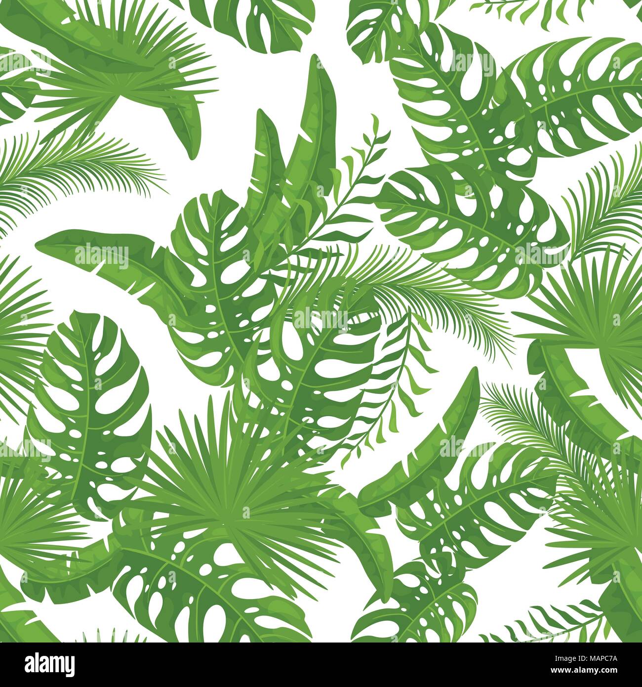 Vector cartoon style summer seamless pattern with tropical leaves and ...