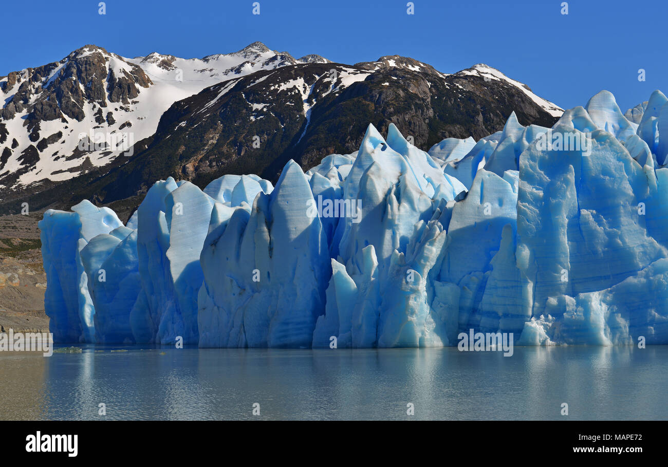Close up photograph of the Grey Glacier during an expedition boat excursion inside the Torres del Paine national park, Patagonia, Chile. Stock Photo