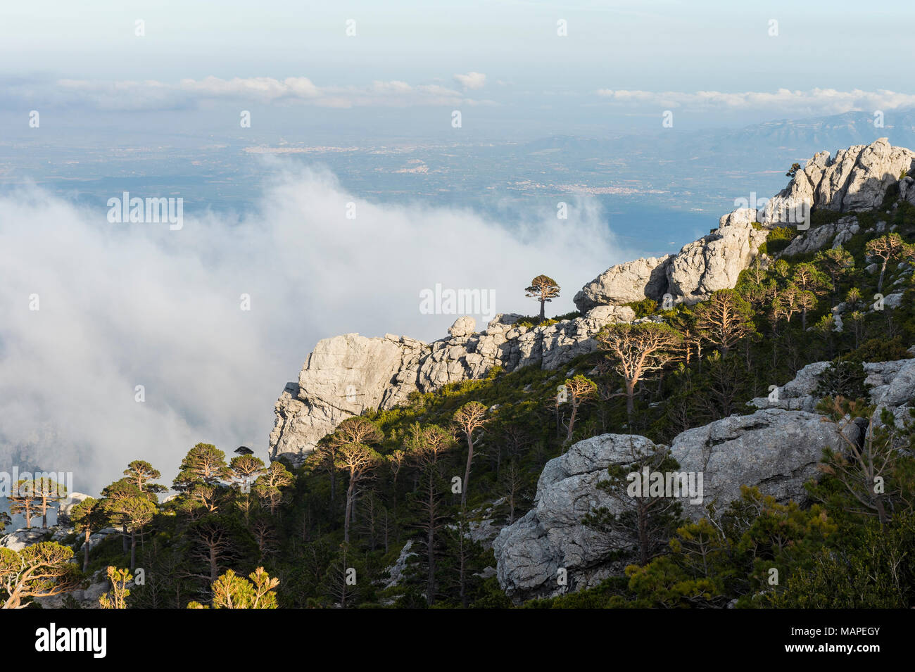 Rocky andscape at Puertos de Beceite (Ports de Beceit) with clouds over the mountains and rocks with vegetation in the foreground, Spain Stock Photo