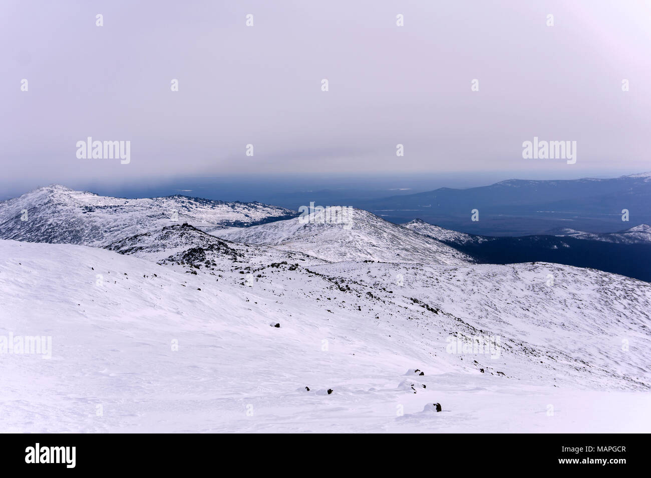 winter view from the top of Mount Konzhakovskiy Kamen - the highest point of the Northern Urals,  Sverdlovsk Oblast, Russia Stock Photo