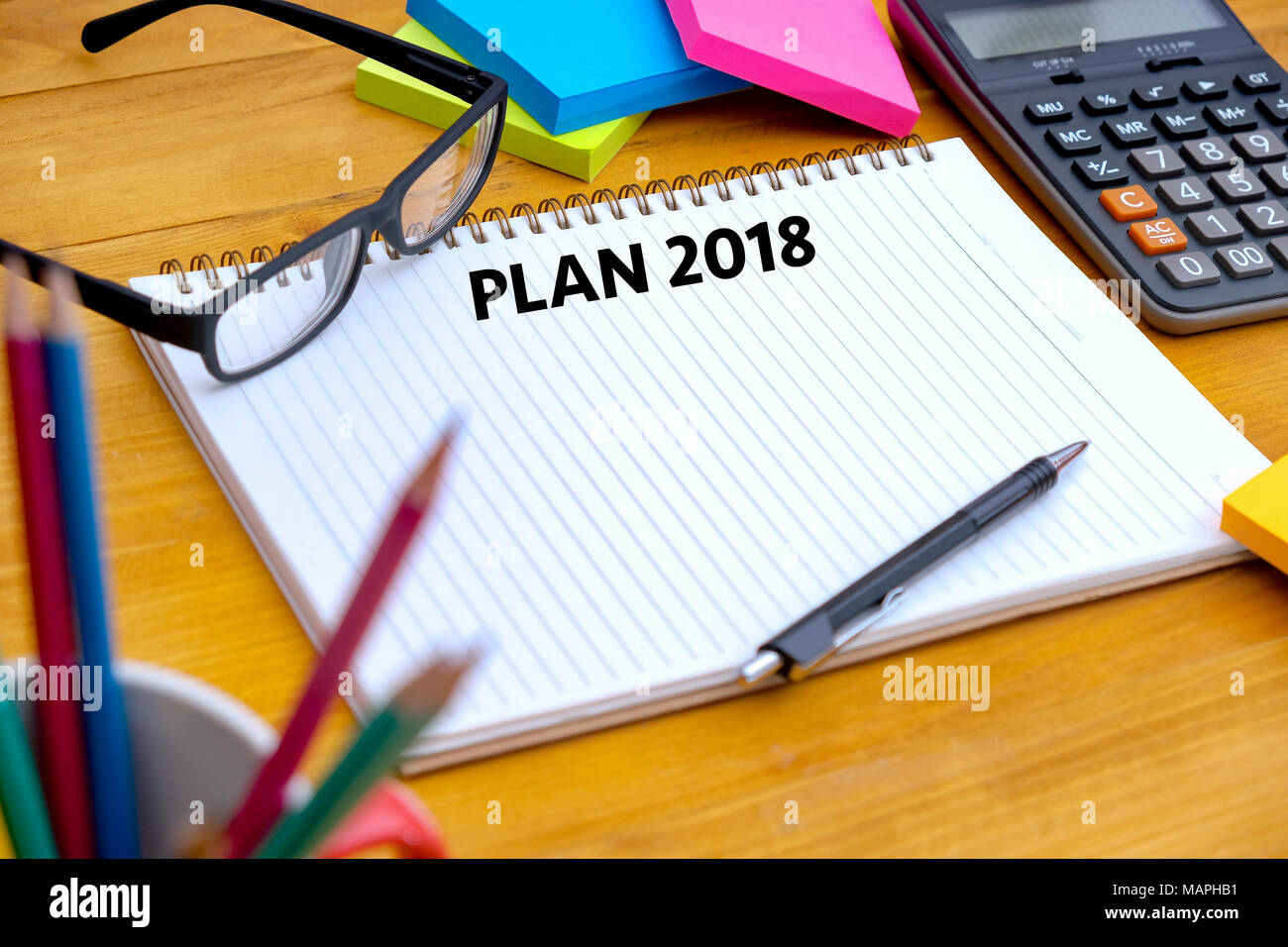 Plan 2018 Notebook business team meeting  with an Plan 2018 Stock Photo