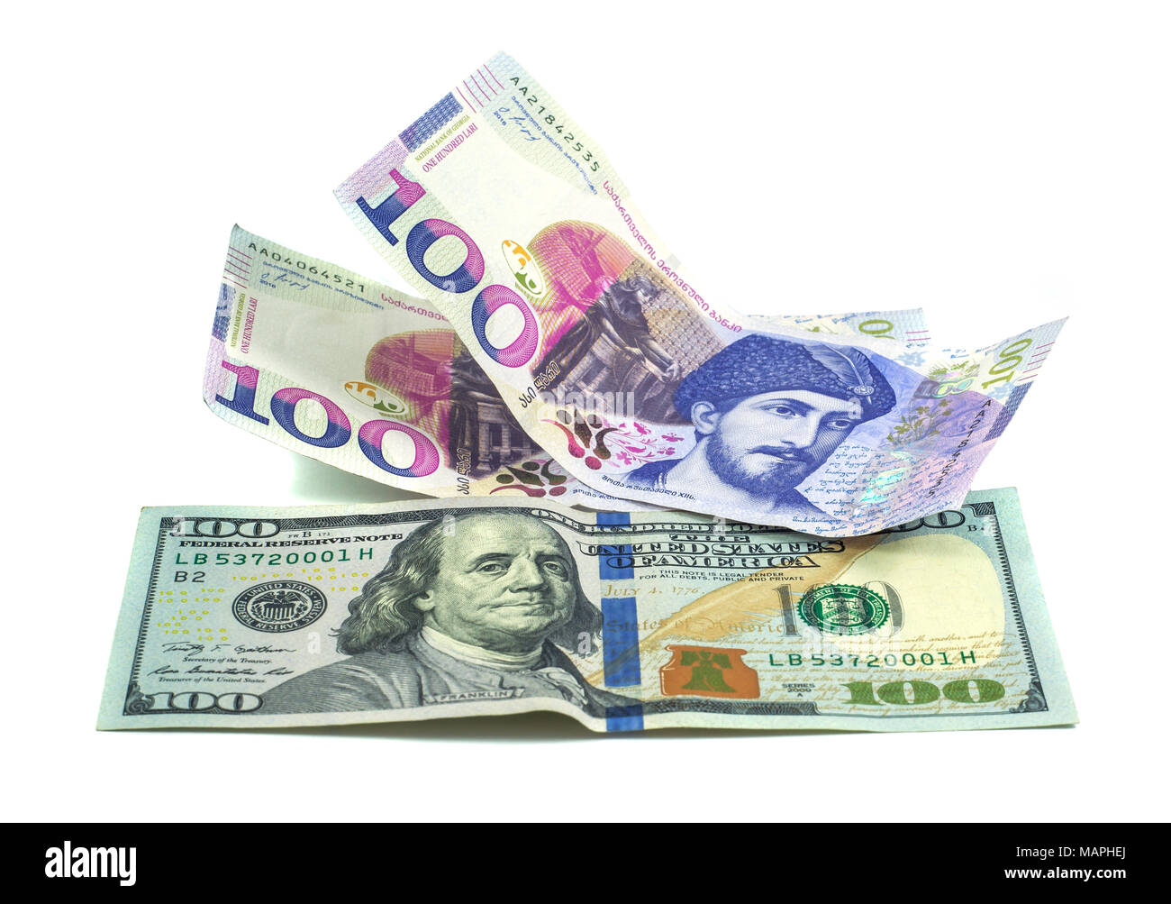 Banknote 100 GEL, 100$, 2016. Stock Photo