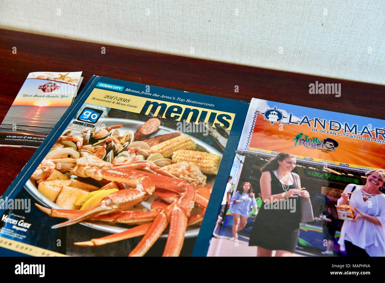 Things to do books inside hotel room Stock Photo