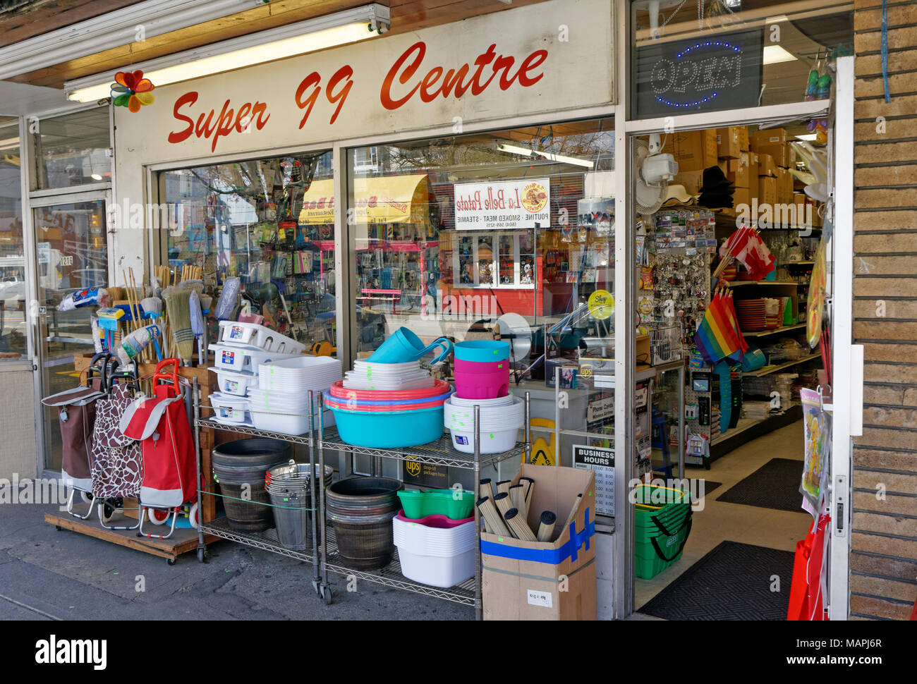 Household goods outside a dollar store in Vancouver, BC, Canada Stock
